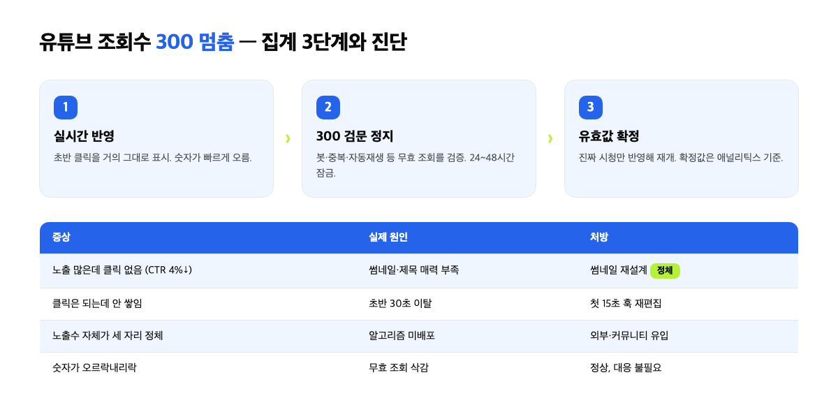 유튜브 조회수 집계 3단계와 300 멈춤 진단 인포그래픽